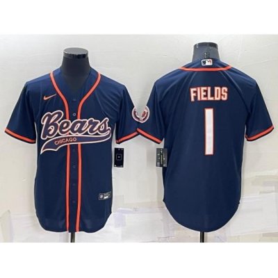 Men Chicago Bears 1 Justin Fields Navy Cool Base Stitched Baseball Jersey