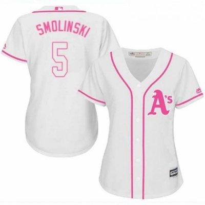 Womens Majestic Oakland Athletics 5 Jake Smolinski Authentic White Fashion Cool Base MLB Jersey