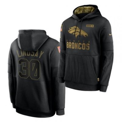 Men Denver Broncos 30 Phillip Lindsay 2020 Salute To Service Black Sideline Performance Pullover Hoodie