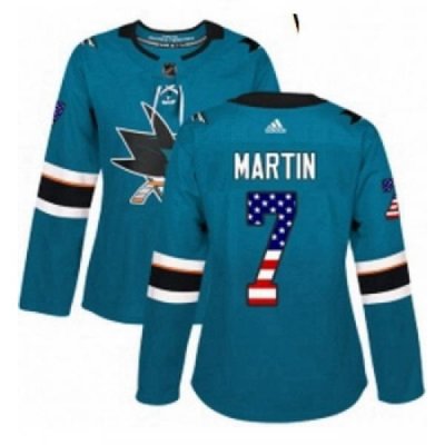 Womens Adidas San Jose Sharks 7 Paul Martin Authentic Teal Green USA Flag Fashion NHL Jersey