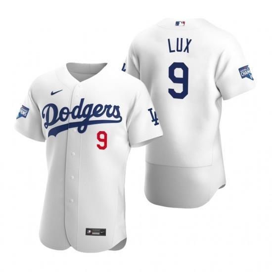 Men Los Angeles Dodgers 9 Gavin Lux White 2020 World Series Champions Flex Base Jersey