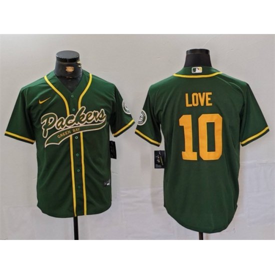 Men Green Bay Packers 10 Jordan Love Green Cool Base Stitched Baseball Jersey