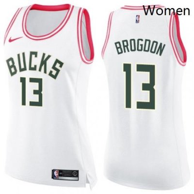 Womens Nike Milwaukee Bucks 13 Malcolm Brogdon Swingman WhitePink Fashion NBA Jersey