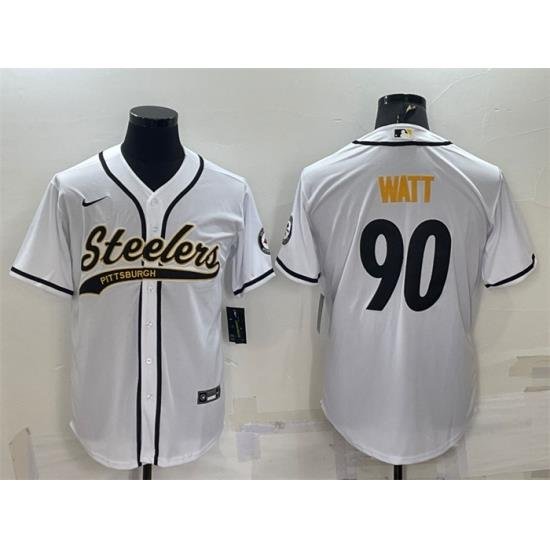 Men Pittsburgh Steelers 90 T J  Watt White With Patch Cool Base Stitched Baseball Jersey