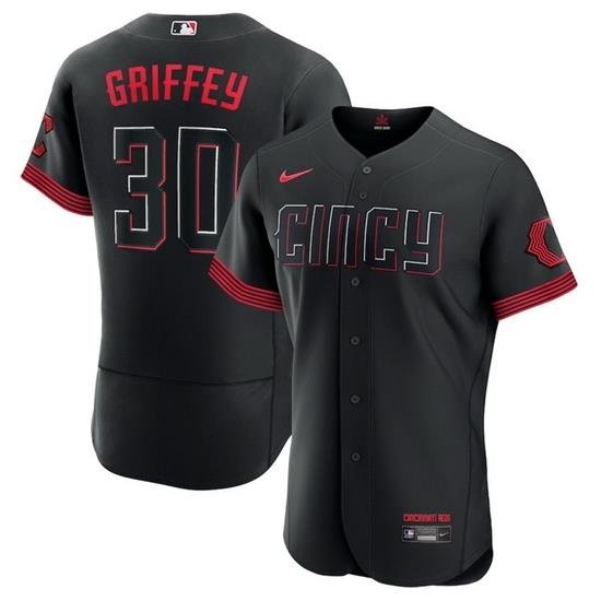 Men Cincinnati Reds 30 Ken Griffey Jr  Black 2023 City Connect Flex Base Stitched Jersey