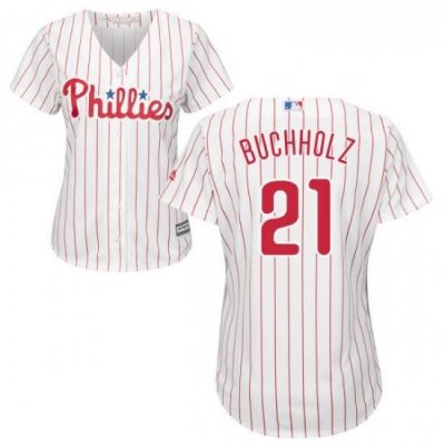 Womens Majestic Philadelphia Phillies 21 Clay Buchholz Replica WhiteRed Strip Home Cool Base MLB Jersey