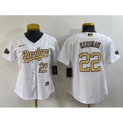 Women Los Angeles Dodgers 22 Clayton KershaW 2022 All Star White Stitched Baseball Jersey 28Run Small 29