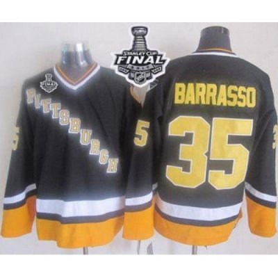 Penguins #35 Tom Barrasso Black Yellow CCM Throwback 2017 Stanley Cup Final Patch Stitched NHL Jersey