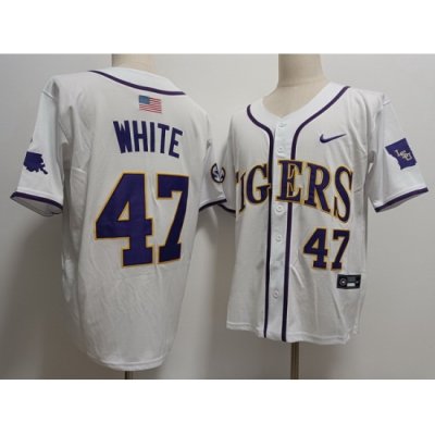 Mens LSU Tigers #47 Tommy White 2024 White Baseball Game Jersey