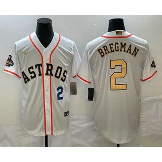 Mens Houston Astros #2 Alex Bregman Number 2023 White Gold World Serise Champions Patch Cool Base Stitched Jersey