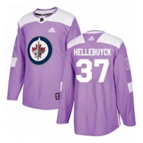 Mens Adidas Winnipeg Jets 37 Connor Hellebuyck Authentic Purple Fights Cancer Practice NHL Jersey