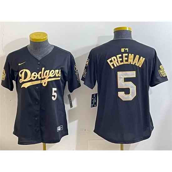 Women Los Angeles Dodgers 5 Freddie Freeman Black Gold 2024 World Series With Fernando Memorial Patch Limited Stitched Baseball Jersey