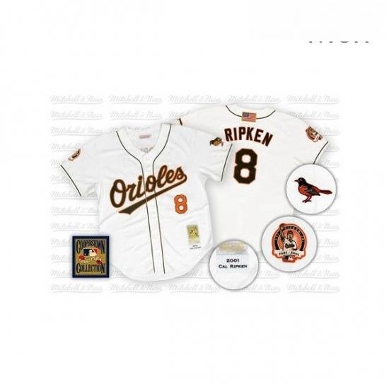 Mens Mitchell and Ness Baltimore Orioles 8 Cal Ripken Replica White Throwback MLB Jersey