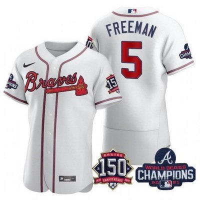 Men's White Atlanta Braves #5 Freddie Freeman 2021 World Series Champions With 150th Anniversary Flex Base Stitched Jersey