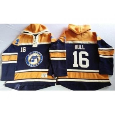 St. Louis Blues 16 Brett Hull Navy Blue Gold Sawyer Hooded Sweatshirt Stitched Jersey