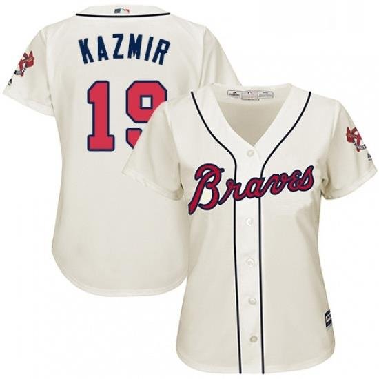 Womens Majestic Atlanta Braves 19 Scott Kazmir Replica Cream Alternate 2 Cool Base MLB Jersey