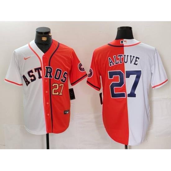 Men Houston Astros 27 Jose Altuve White Orange Split With Patch Cool Base Stitched Baseball Jersey 2