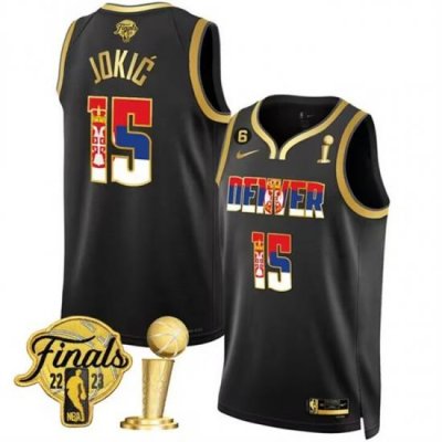 Men Denver Nuggets 15 Nikola Jokic 2023 Black Gold Serbia Flag Finals Champions With NO 6 Patch Stitched Basketball Jersey