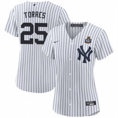 Women New York Yankees 25 Gleyber Torres White 2024 World Series Cool Base Stitched Baseball Jersey