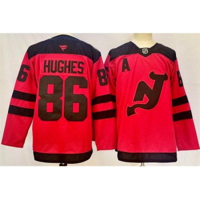 Men New Jersey Devils 86 Jack Hughes Red 2024 25 With A Patch Stitched Hockey Jersey