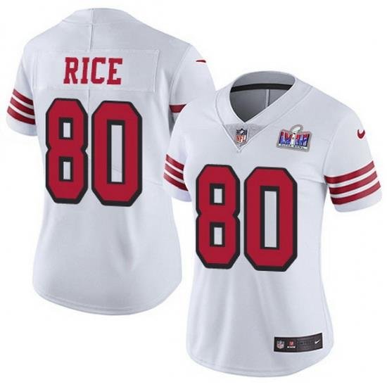 Nike 49ers 80 Jerry Rice White Rush Women Stitched NFL Vapor Untouchable Limited 2024 Super Bowl LVIII Jersey