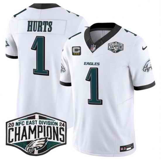 Men Philadelphia Eagles 1 Jalen Hurts White 2024 New NFC East Champions With 3 Star C Patch F U S E  Vapor Untouchable Limited Stitched Football Jersey