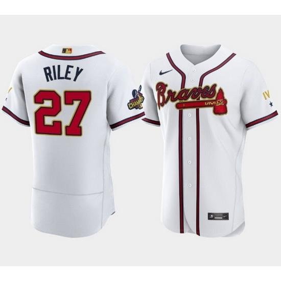 Men Atlanta Braves 27 Austin Riley 2022 White Gold World Series Champions Program Flex Base Stitched Baseball jersey