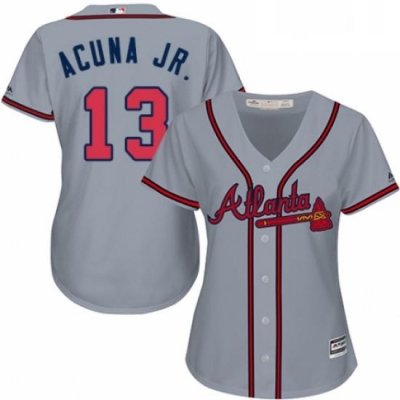 Womens Majestic Atlanta Braves 13 Ronald Acuna Jr Replica Grey Road Cool Base MLB Jersey