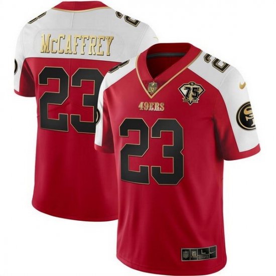 Men San Francisco 49ers 23 Christian McCaffrey Red Gold With 75th Patch Vapor Limited Stitched Football Jersey