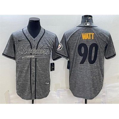 Men Pittsburgh Steelers 90 T J  Watt Grey With Patch Cool Base Stitched Baseball Jersey