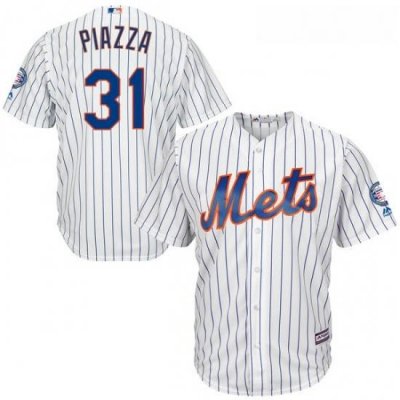 Mens Majestic New York Mets 31 Mike Piazza Authentic White Home 2016 Hall Of Fame Sleeve Patch Cool Base MLB Jersey