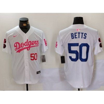 Men Los Angeles Dodgers 50 Mookie Betts White Pink Vin  26 Kobe Patch Stitched Baseball Jersey 5