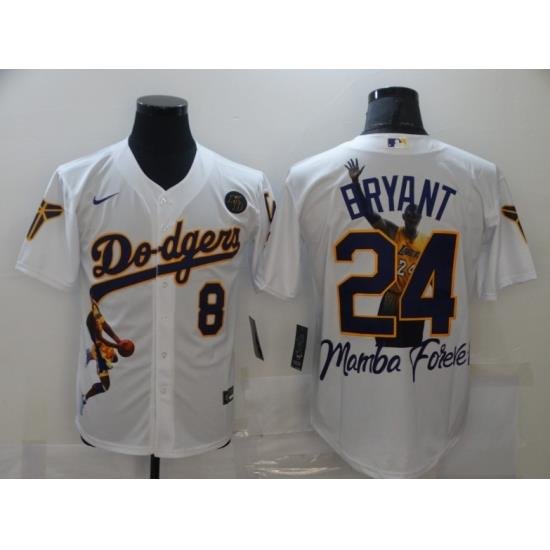 Men Los Angeles Dodgers Front 8 Back 24 Kobe Bryant White With KB Patch Cool Base Stitched Jersey