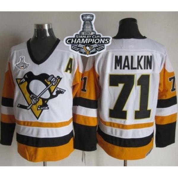 Penguins #71 Evgeni Malkin White Black CCM Throwback 2017 Stanley Cup Finals Champions Stitched NHL Jersey