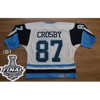 Penguins #87 Sidney Crosby White Blue CCM Throwback 2017 Stanley Cup Final Patch Stitched NHL Jersey