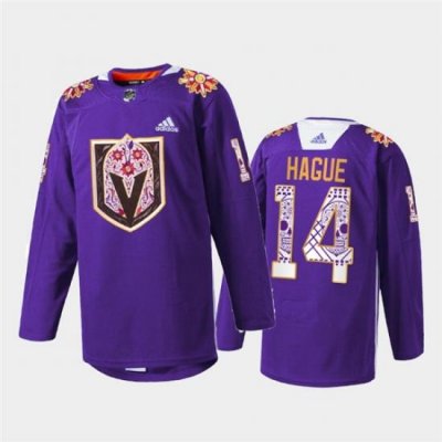 Men Vegas Golden Knights 14 Nicolas Hague Purple Hispanic Heritage Warmup Stitched Jersey