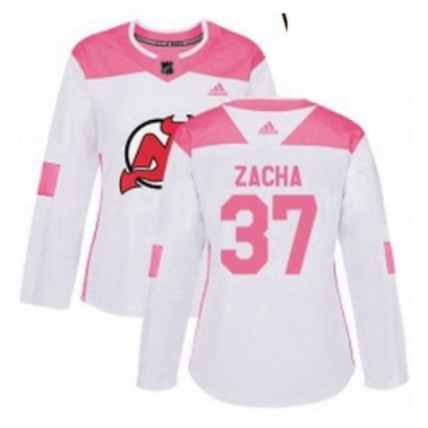 Womens Adidas New Jersey Devils 37 Pavel Zacha Authentic WhitePink Fashion NHL Jersey