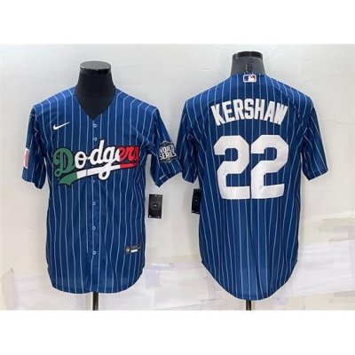 Men Los Angeles Dodgers 22 Clayton KershaW Navy Mexico World Series Cool Base Stitched Baseball Jersey