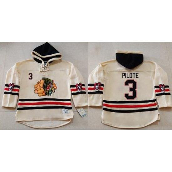 Men Chicago Blackhawks 3 Pierre Pilote Cream Heavyweight Pullover Hoodie Stitched NHL Jersey