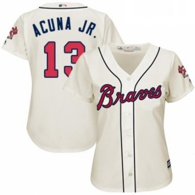 Womens Majestic Atlanta Braves 13 Ronald Acuna Jr Authentic Cream Alternate 2 Cool Base MLB Jersey