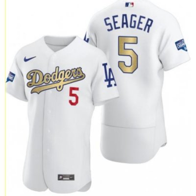 Men Los Angeles Dodgers 5 Corey Seager White Gold Nike 2020 World Series Champions Flexbase Jersey