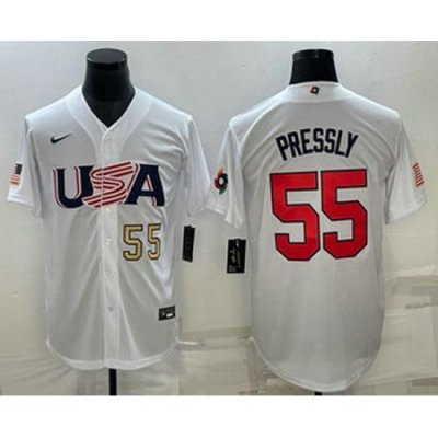 Mens USA Baseball #55 Ryan Pressly Number 2023 White World Baseball Classic Stitched Jersey