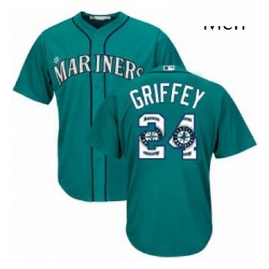 Mens Majestic Seattle Mariners 24 Ken Griffey Authentic Teal Green Team Logo Fashion Cool Base MLB Jersey