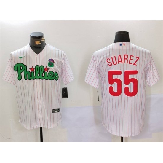 Men Philadelphia Phillies 55 Ranger Suarez White Green Cool Base Stitched Jersey