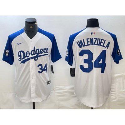 Men Los Angeles Dodgers 34 Toro Valenzuela White Blue Vin Patch Cool Base Stitched Baseball Jersey