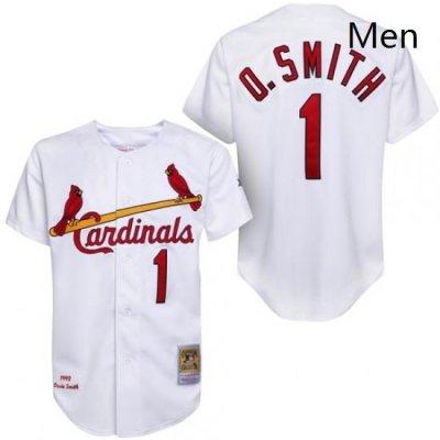 Mens Mitchell and Ness 1992 St Louis Cardinals 1 Ozzie Smith Authentic White Throwback MLB Jersey