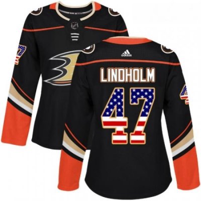 Womens Adidas Anaheim Ducks 47 Hampus Lindholm Authentic Black USA Flag Fashion NHL Jersey