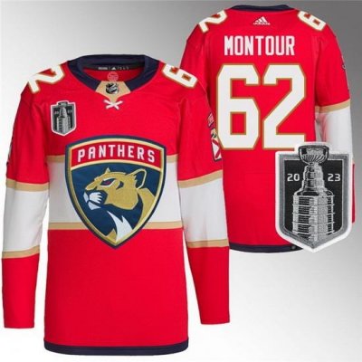 Men Florida Panthers 62 Brandon Montour Red 2023 Stanley Cup Final Stitched Jersey