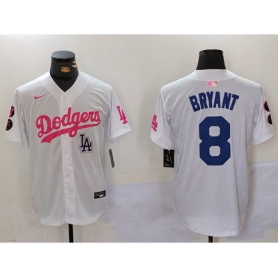 Men Los Angeles Dodgers 8 Kobe Bryant White Pink Vin  26 Kobe Patch Stitched Baseball Jersey 3