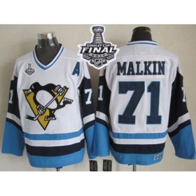 Penguins #71 Evgeni Malkin White Blue CCM Throwback 2017 Stanley Cup Final Patch Stitched NHL Jersey